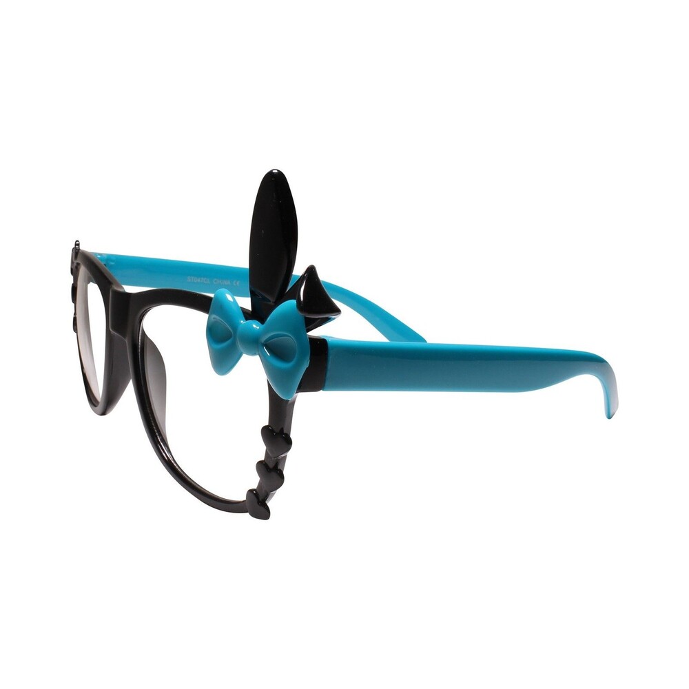 Bunny Ears Fun Party Colorful Cute Heart Accent Black & Blue Clear Lens Glasses - Picture 2 of 4